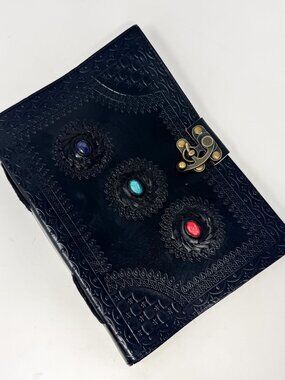 Handcrafted Leather Journal Black 3 Chakra Stones 7" x 10" Diary Brass Clasp